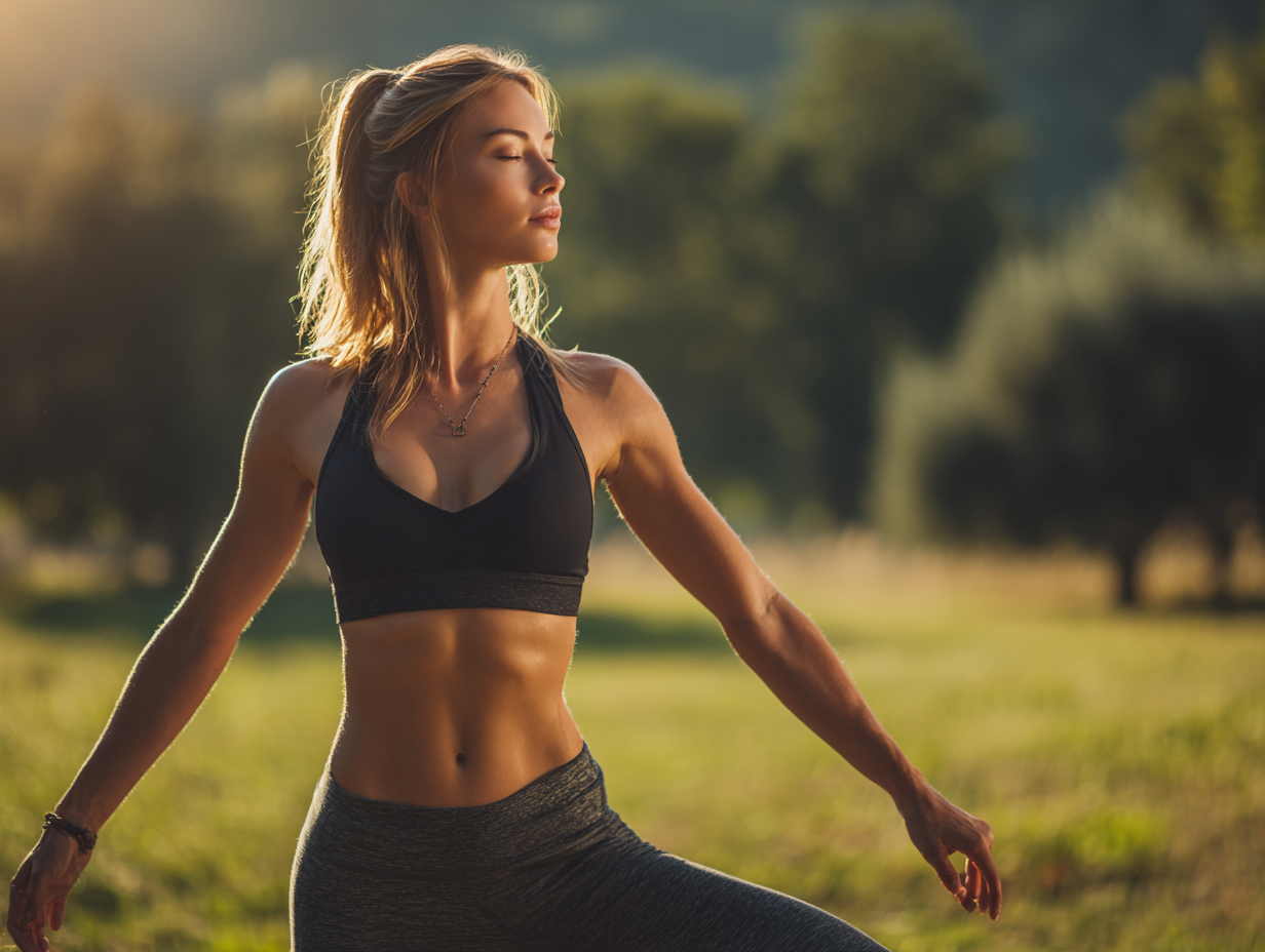 Жінка практикує йогу на природі